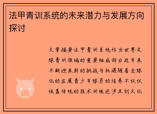 法甲青训系统的未来潜力与发展方向探讨