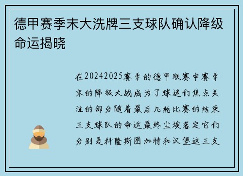 德甲赛季末大洗牌三支球队确认降级命运揭晓
