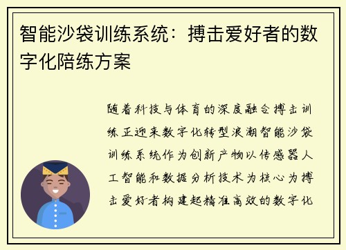 智能沙袋训练系统：搏击爱好者的数字化陪练方案
