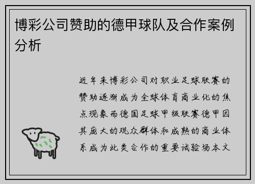 博彩公司赞助的德甲球队及合作案例分析