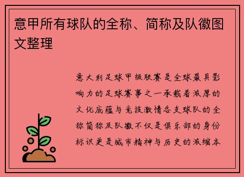 意甲所有球队的全称、简称及队徽图文整理